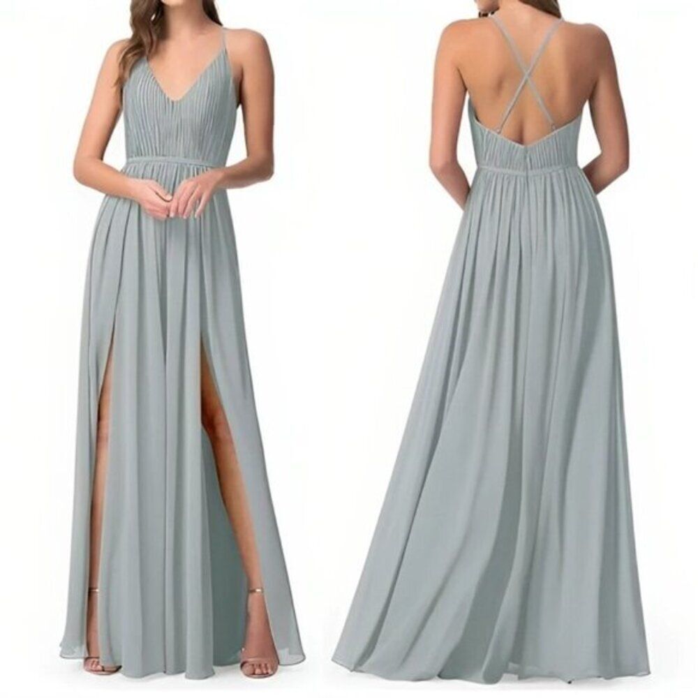 Azazie Women's Blythe V-Neck Two Slits Maxi Party Dress Silver Blue Size 10